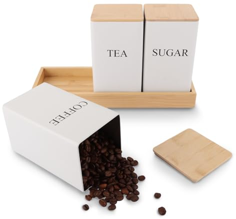 AHAQU Juego de 3 botes de té, café y azúcar, 8,5 x 8,5 x 15 cm, tarros de azúcar con tapas de bambú, juegos de recipientes de cocina de metal blanco con bandeja para almacenamiento de alimentos