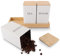 AHAQU 3PCS Tea Coffee and Sugar Canisters Set, 8.5x8.5x15cm Tea Coffee Sugar Jars with Bamboo Lids, Metal Kitchen Canister Sets White with Tray for Food Storage