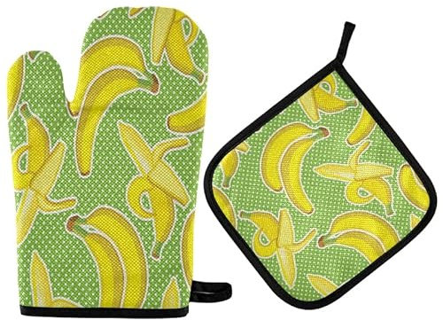 Ofenhandschuhe Helle Bananen, Süße Früchte Kochhandschuhe Anti-Rutsch Grillhandschuhe Hitzeresistente Topfhandschuhe Für Mikrowelle Backen Kochen