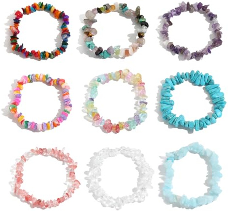 Youery 9 Piezas Pulseras de Cristal de Piedras Preciosas Naturales, Pulsera elástica de cristal de colores, Piedra de energía curativa, Regalos para dama