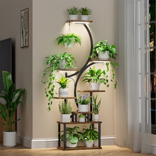 BACEKOLL Plant Stand Indoor with Grow Lights, 8 Tiered Indoor Plant Shelf, 157CM Tall Plant Stand for Plants Multiple, Metal Plant Flower Holder Stand, S-Shaped Plant Rack for Home, Patio, Corner