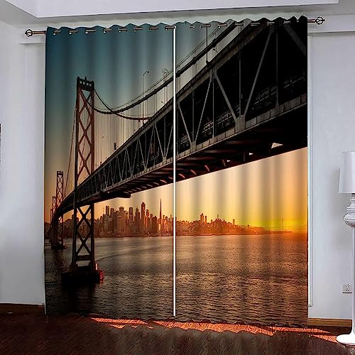 Kinder Verdunkelungsvorhänge Sonnenuntergang Gelbe Stahlbrücke 3D Polyester Ösen Vorhang, Für Wohnzimmer Schlafzimmer Blickdicht Schallschutzvorhänge 2Er Set 2X 300 B X 280 H Cm -Esszimmervor-5R3G3H2B