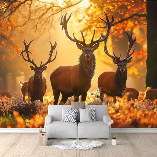 3D Panoramique Murale Cerf des animaux de la forêt au coucher du soleil 200 x 140 cm Papier Peint Intissé pour Salon Chambre Enfant Chambre Décoration Murale Poster Tableaux Photo Muraux
