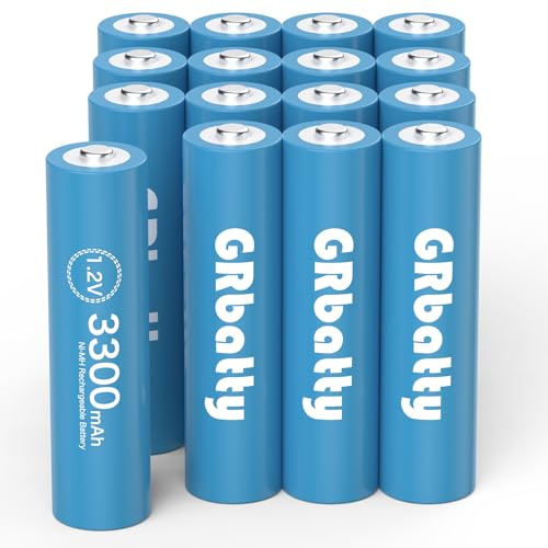GRbatty 16 x Pilas Recargables AA Ni-MH, 1,2V 3300mAh, Alta Capacidad | 1200 ciclos, Para mandos a distancia, relojes, linternas, radios portátiles, juguetes