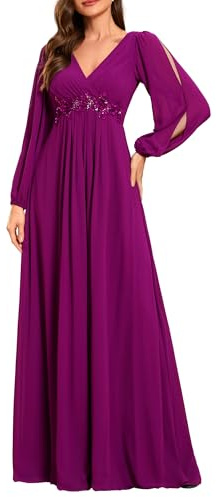 Ever-Pretty Robe Mère de Mariée Grande Taille Femme Longue Manche Longue Col V en Mousseline Applique Plissé Rouge-Violet 46