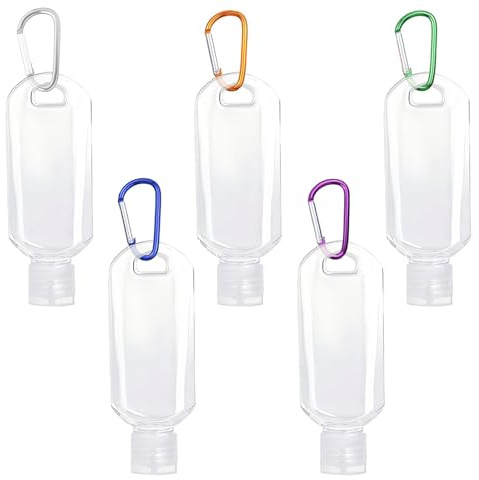 5 Pezzi Bottiglie da Viaggio Set, Flaconi da Viaggio Trasparenti Ricaricabili con 5 Ganci, Bottiglie Portatili da 50ml con Tappo a Scatto per Disinfettante per Mani, Shampoo, Lozione Cosmetica