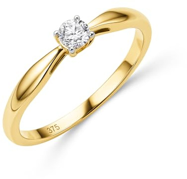 MIORE Anillo de Compromiso de Diamantes para Mujer en Oro Amarillo Macizo 375 9K, con Diamante Solitario 0,15ct, Alianza de Boda Engastada con 4 Puntas Entregada Joyas con Joyero