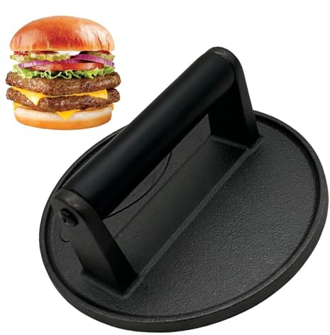 Smash Burger Press - Round Cast Iron Grill Press with Heat-Resistant Handle | Heavy-Duty Bacon, Steak & Sandwich Press for Flat Top Grills & Griddles | Barbecue Cooking Tool for Even Cooking &