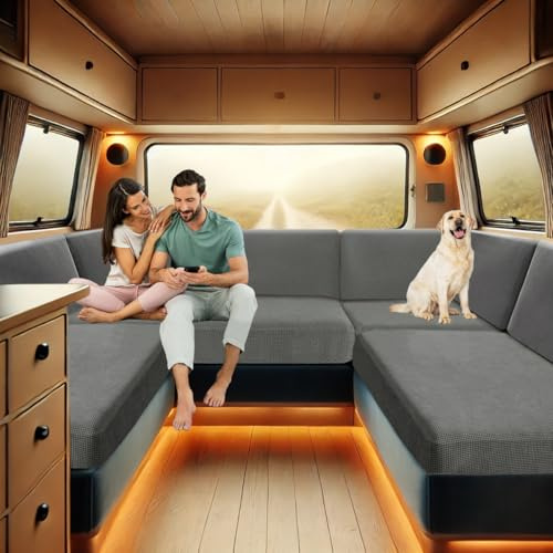 ZYBSLCSY Bezüge Wohnwagen Polster, Wohnwagen Polsterbezüge rutschfeste Mit 2 Festes Gummiband, Sofa Sitzkissen Bezüge Für Wohnwagenpolster Spannbezug Sitzbank (Light Grey,Großer 1-Sitzer)
