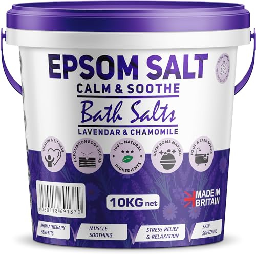 Scented Epsom Bath Salts 10kg Infused with Lavender Chamomile Essential Oil, 100% Natural Mineral Salts - Supports Sleep and Relieves Aching Muscles Magnesium Sulphate Foot Soak Bath Epsom Salts