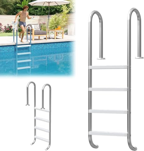 ACXIN Escalera de piscina de acero inoxidable con 4 peldaños, 157 x 54 x 26,5 cm, color plateado, antideslizante, para piscina y piscina, soporta hasta 150 kg