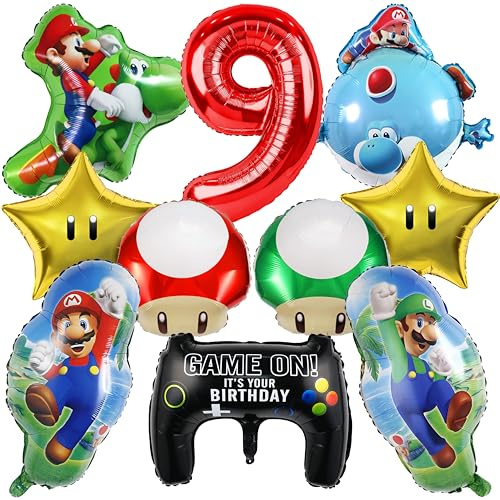 OSOFREE 10 Stück Supe Mari Geburtstagsdeko 9 Jahre Junge, Supe Mari Luftballons Deko, Folienballon Set, Geburtstag Party Deko Ballons Set für Kinder (9)