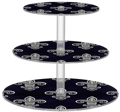 Présentoir à cupcakes rond en acrylique avec motif fleur de lys argenté foncé à 3 étages pour gâteaux, aliments de mariage, pastel