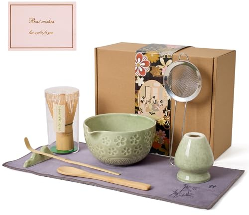 Matcha Whisk Set - Traditional Bamboo Chasen with Bowl, Complete Matcha Tea Making Kit & Starter Tools for Authentic Japanese Ceremony (Mottled Green01, 8pcs/set,Bowl entry-level Set)