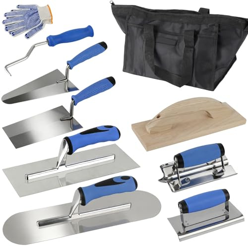 Juego de 9 paletas de albañilería, juego de paletas de albañilería de acero inoxidable, paletas para alisar dientes, rastrillos de madera, selladores de hormigón y ranuradoras, herramientas de yeso
