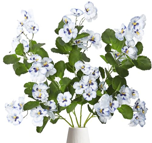 MEIVINES Artificial Pansy Flowers White Artificial Flowers 3PCS Faux Pansies Flower Stems Silk Flowers with Stems for Home Wedding Hotel Office Centerpiece Decor