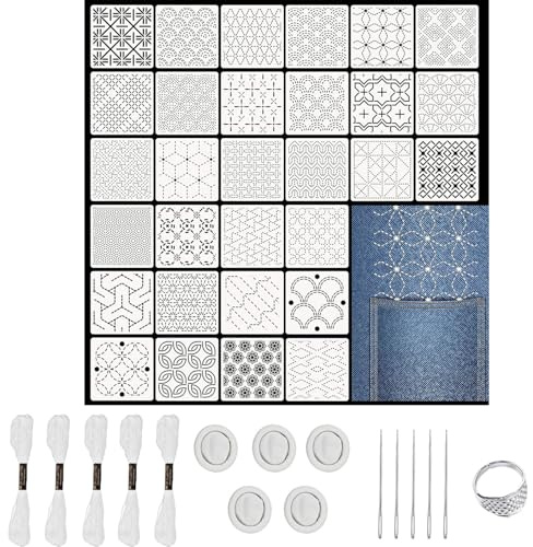 Srvauyea 46 Stück Sashiko Schablonen Set aus Kunststoff, Vorlage Muster Geometrische Stickerei mit Nadeln Faden Fingerhaltern Fingerhut Geometrischen Einfachen Stick Schablonen,für Handquilten