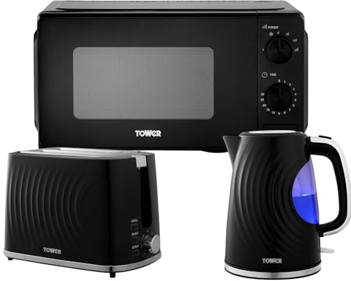 Tower Sonar Black Kitchen Appliance Set – 1.7L Rapid Boil Kettle, 2 Slice Toaster & 20L 800W Manual Microwave T24044BLK, Matching Modern Ribbed Design, 3 Piece Bundle