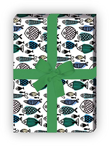 Schickes Retro Geschenkpapier Set (4 Bogen) | Dekorpapier mit vielen Fischen für tolle Geschenk Verpackung zur Taufe, Geburt, Ostern, Geburtstag, Hochzeit, Weihnachten u.v.m. (32 x 48cm), in bunt