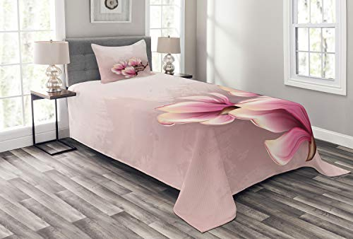 ABAKUHAUS Magnolie Tagesdecke Set, Fragile Blütenblätter, Set mit Kissenbezügen Sommerdecke, für Einzelbetten 170 x 220 cm,Braun und Rosa