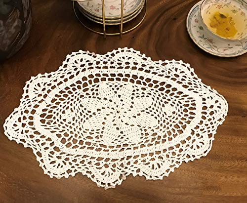 janef Weiße handgefertigte Häkel-Tischsets aus Baumwolle, Spitzendeckchen, ovale Spitzen-Platzsets, 28,9 x 38,1 cm, 2 Stück.