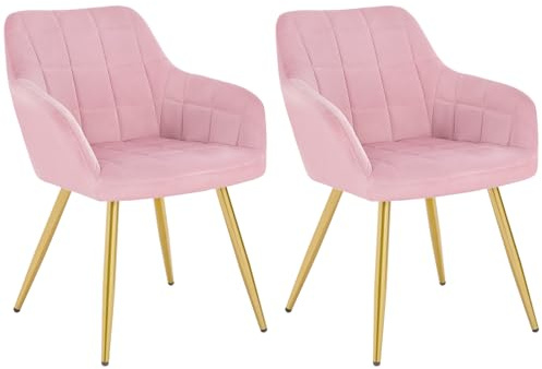 WOLTU Set di 2 Sedie per Sala da Pranzo Imbottita, Poltroncina in Velluto,Sedia da Cucina con Braccioli e Schienale, Gambe in Metallo, moderne,Rosa,