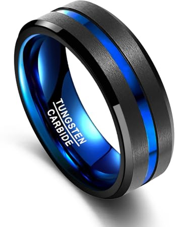 VAKKI Alliance Homme Bague Tungstène Unisexe Noir et Bleu 8mm Anneau pour Mariage Fiançailles Anniversaire Taille 66