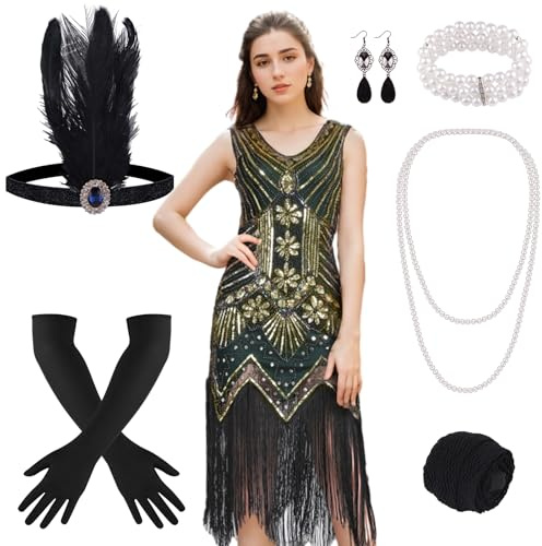FEPITO Vestidos estilo flapper de los años 20 para mujer, vestido estilo Gran Gatsby con lentejuelas y flecos para mujer con accesorios de los años 20 (verde(estilo 3),Large)