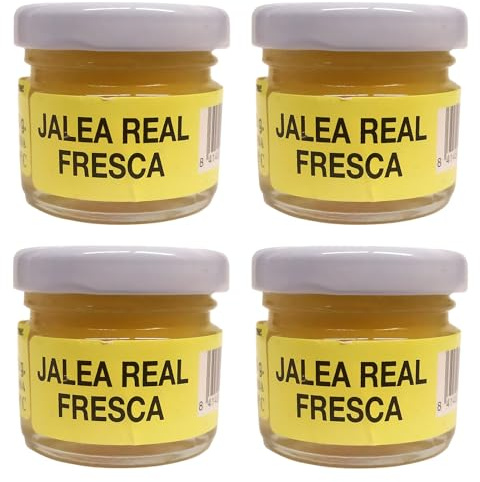 120 gramos de jalea real fresca, producida en España de forma natural, una jalea pura en 4 botes de cristal de 30 gramos con 4 cucharas