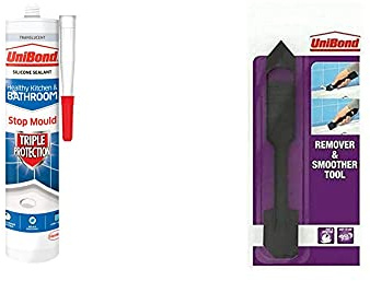 UniBond Triple Protection Stop Mould Sealant, Clear Silicone Repels, Kills, Prevents Mould Growth, Long-Lasting, 1 x 291 g Cartridge & Remover and Smoother Tool, Black