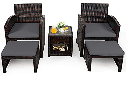 COSTWAY Rattan Gartenmöbel Set, Balkonmöbel, Balkonset inkl. 2 Stühle mit Kissen, Hocker & Tisch, Terrassenmöbel, Gartengarnitur, Sitzgruppe für Garten, Balkon, Terrasse (Grau)