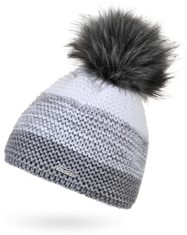 Neverless® Damen Mütze gefüttert Fleece-Innenfutter Fell-Bommel Kunstfell Wintermütze Bommelmütze Grobstrick Mehrfarbig