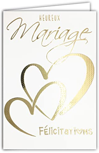 Afie Tarjeta de felicitación de boda con 2 corazones de oro dorado brillante y elegante sobre incluido