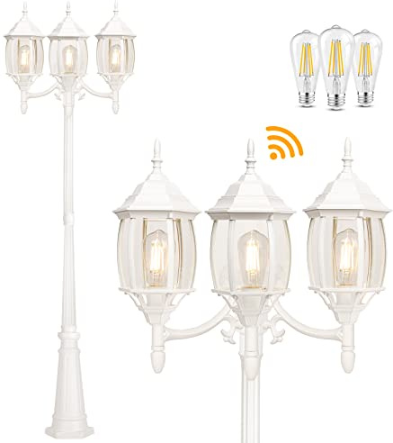 Dusk to Dawn Sensor Outdoor Lamp Post Light 3-Head, Classic White Light Pole with Clear Glass Panels (3 LED Bulbs Included, Max.100W), Waterproof Outside Street Light for Backyard, Garden, Driveway