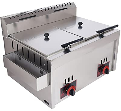 Freidora a Gas Industrial con Cestas Grandes y Tapa - Propano para Cocina Exterior, Encimera de Acero Inoxidable 10Lx2