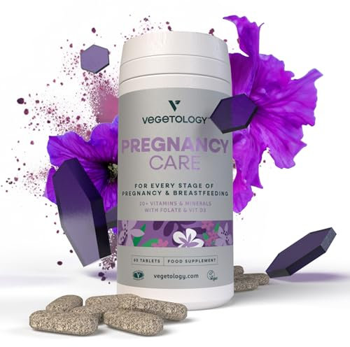 Vegetology Vegan Pregnancy Vitamins for Women, Prenatal and Postnatal Supplement for Breastfeeding, with Over 20 Nutrients, Including Folate, for Every Stage of Pregnancy, 60 Tablets