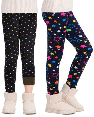 KEREDA Girls Fleece Lined Leggings Thermal Leggings Kids Cute Printed Warme Winter Pants Trousers 4-5 Years Pack of 2