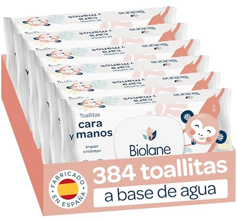 Biolane - Toallitas Cara y Manos Bebé, 384 Toallitas (6 Paquetes de 64 Unidades), 97% Ingredientes Naturales, Con Tapa, Sin plástico, Limpian e Hidratan, Bebés y recién nacidos, Fabricadas en España
