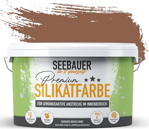 SEEBAUER diy Silikatfarbe Dunkelbraun 10L für Innen (No. 601 Chestnut Tree) Atmungsaktive Mineralfarbe für Allergiker - Abwaschbare Wandfarbe - Brauntöne hohe Deckkraft