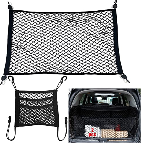 Rete per Bagagliaio Auto, Include 1 Rete di Stoccaggio Estensibile fino a 150x120CM e 1di Stoccaggio a 3 Strati per Sedile 29 x 27 CM, 4 Moschettoni, Organizzatore di per Auto