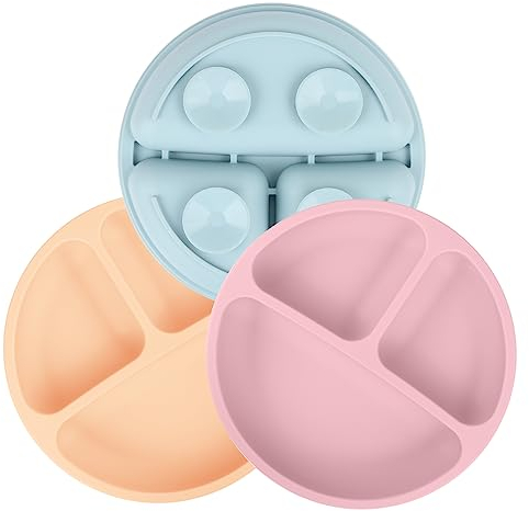 Encuryna Baby Teller mit Saugnapf,3Pcs Silikon Baby Teller Rutschfest Kinder Tischset mit Saugnäpfen,Geteilte Standfeste Babyteller Kleinkind Teller BPA Frei Spülmaschinen und MikrowellenFest