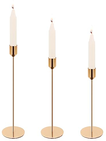 Ticeed 3er Set Gold Metall Kerzenhalter 24/28/34cm Vintage Kegelkerzenhalter Vintage Dekorative Kerzen Ständer Tischdeko Candle Holder für Valentinstag Weihnachten Hochzeit Esszimmer