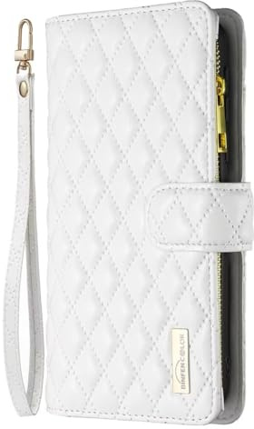 Bnvdfre for Wallet Phone Case for iPhone 12 /iPhone 12 Pro Case Cover Zipper Pocket Flip Leather Folio Case with 6 Card Holder Slots Silicone Bumper Shockproof Wrist Strap Girls Women Case,White