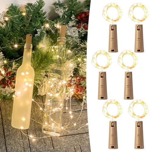 LEEECOCO - Guirlande lumineuse pour bouteilles de vin - Double capacité de batterie - 2 m - 20 LED - Durée d'éclairage extra longue - Fil de cuivre - Pour Noël, décoration de fête - 6 pièces - Blanc