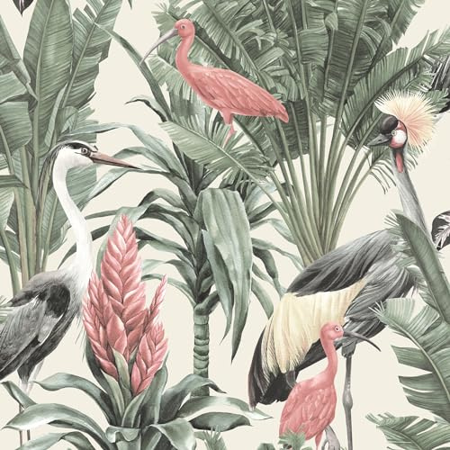 World of Wallpaper Manu Tropical Birds, Cream/Green (AF0020) | Easy to apply wallcovering, Foliage, Jungle, Bedroom, Hallway, Living & Dining Rooms (10m x 53cm roll)