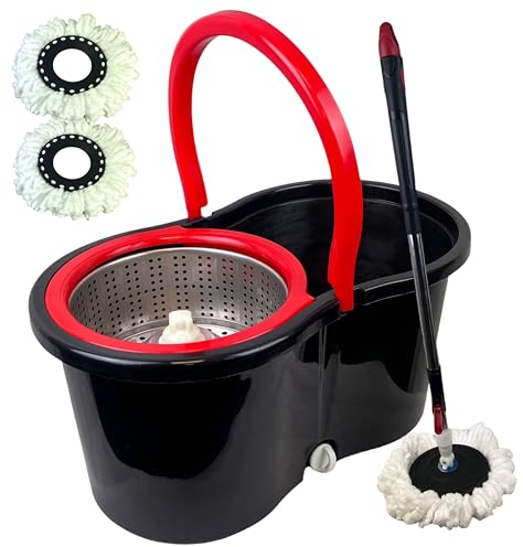Spin Mop Bucket Set with Spin 360 Wringer and 2 Microfibre Mop Pad Head Telescopic Easy Press Handle with Spin Dry Cleaning Caddy Set-Microfibre Home Cleaning Clean Floor (Black)