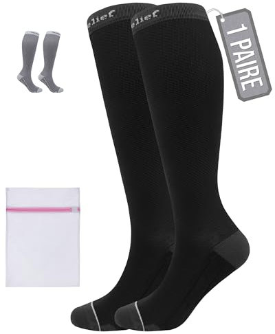 360 RELIEF Calze Compressione Graduata Uomo e Donna - Classe 1 Calzini Compressione per Corsa, Ciclismo, Sportive, Allenamento, Aereo, Viaggio - Gambaletti Compressione 15-20mmHg S/M Nero
