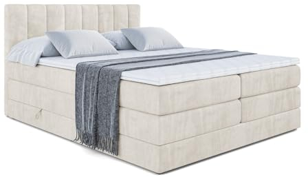 ALTDECOR Boxspringbett mit Matratze und Lattenrost, Topper, Polsterbett mit Bettkasten, Bett mit Stauraum H3- und H4- Matratze, Doppelbett, Springboxbett - OTTA King - 180x200 - Beige Samt