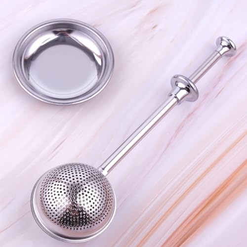 meeggrace Flour Sifter, Flour Duster for Baking, 304 Stainless Steel Powdered Sugar Spring Duster for Baking, Sifting Sugar, Flour, Spices and Tea Strainers, Small Tray Included.