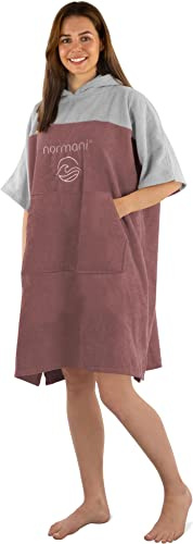normani Erwachsenen Frottee Badeponcho aus Bio-Baumwolle für Herren und Damen - Strand Umziehhilfe Baumwoll Badehandtuch Surfer Poncho Farbe Grau/Altrosa Größe 174-199 cm